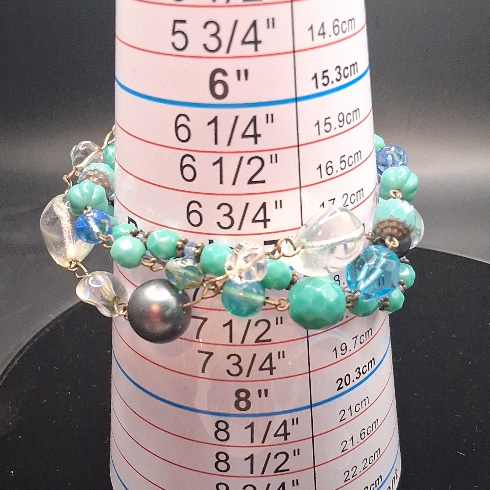 Blue Green Clear Glass Beaded Multi-Strand Cable Chain Bracelet Lobster