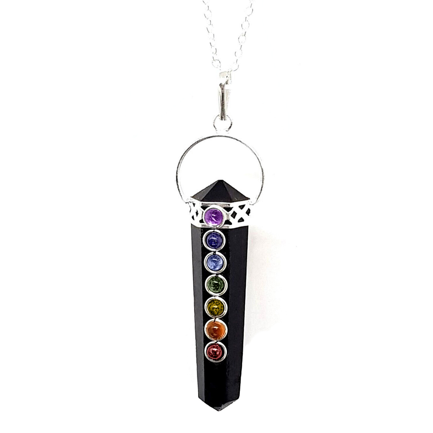 Black Tourmaline Crystal Double Point 7 Chakra Stone Pendant Necklace Reiki Heal