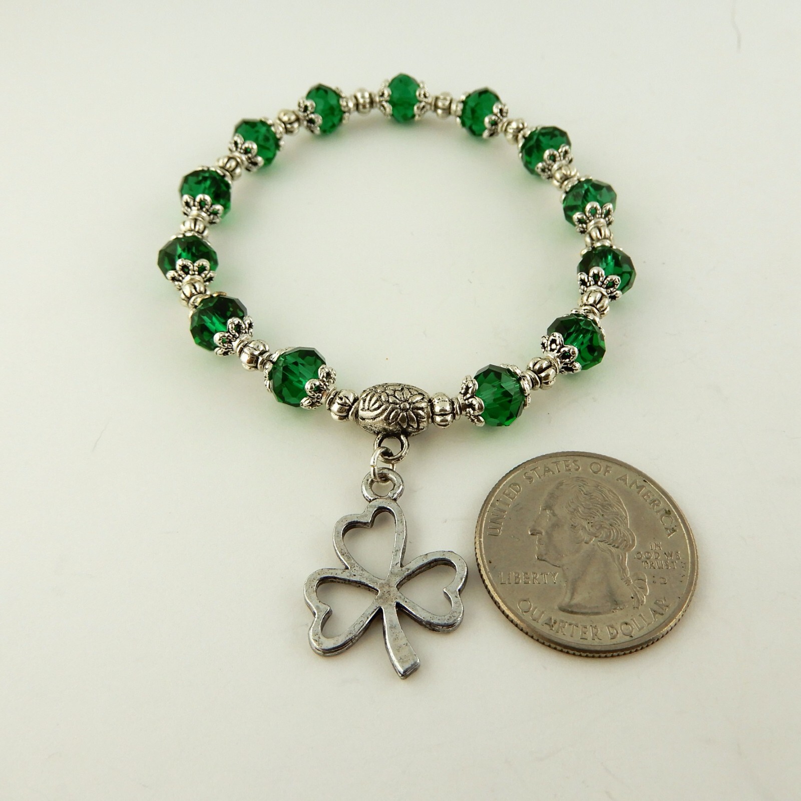Irish Shamrock stretch bracelet with Green Crystal beads for St. Patrick’s Day