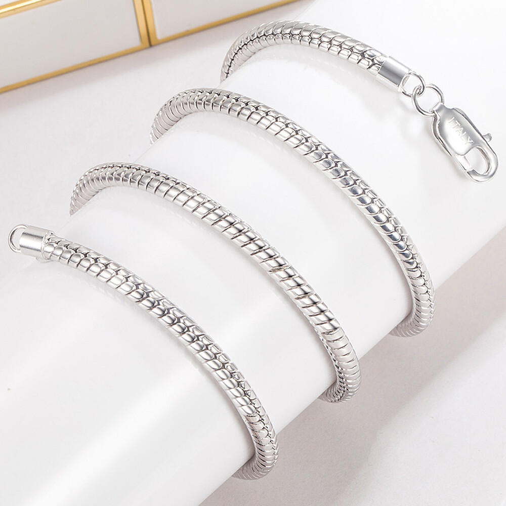 Genuine 925 Sterling Silver Round Snake Necklace 18″ to 28″ for Men Boys Women
