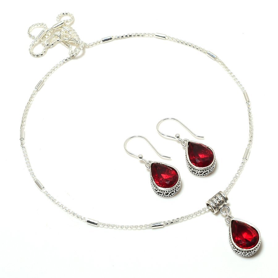 Garnet Red Quartz 925 Silver Plated Handmade Necklace & Earrings Set of 18″