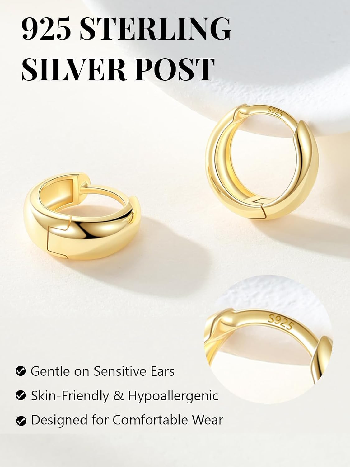 14K Gold Plated Chunky Hoop Earrings for Women, Small Thick Huggie Hoops with 92