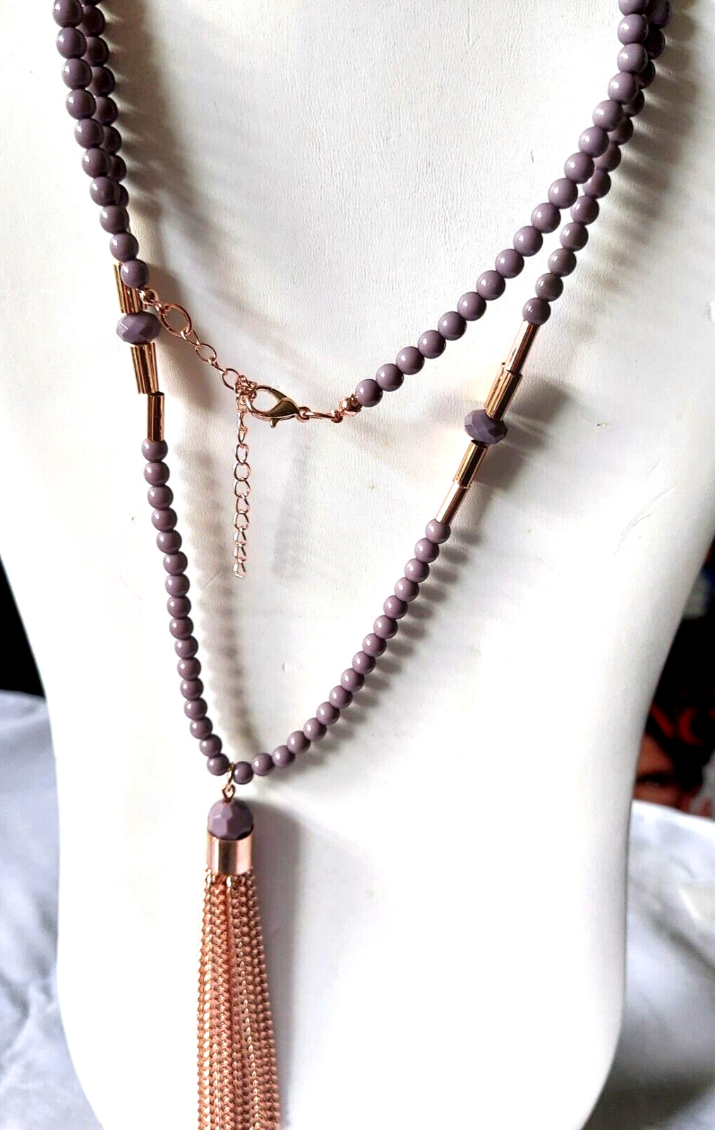 Golden Tassel Grey Beaded Necklace LONG 32″ 4.5 in Tassel Golden Accents
