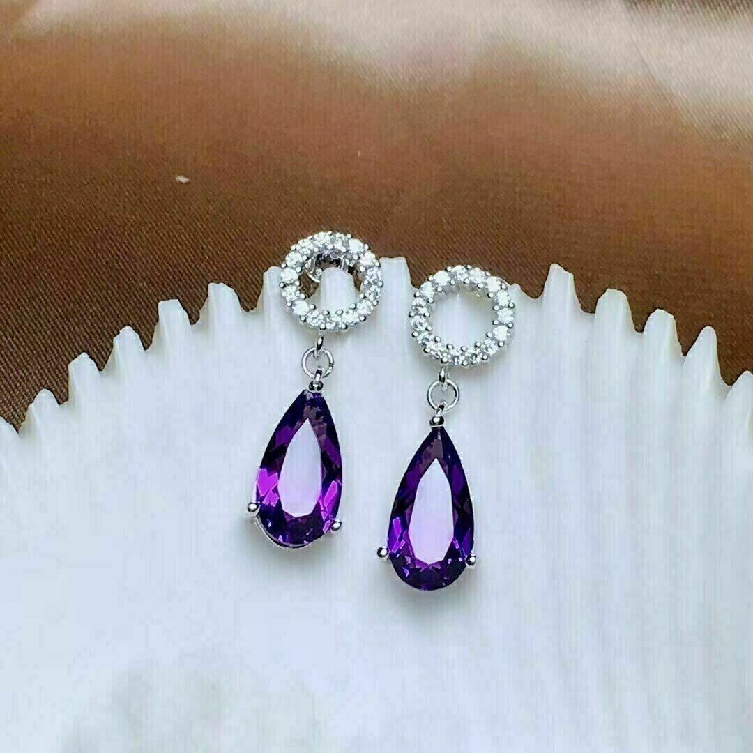 3Ct Pear Cut Simulated Purple Amethyst Drop/Dangle Earring 14K White Gold Plated