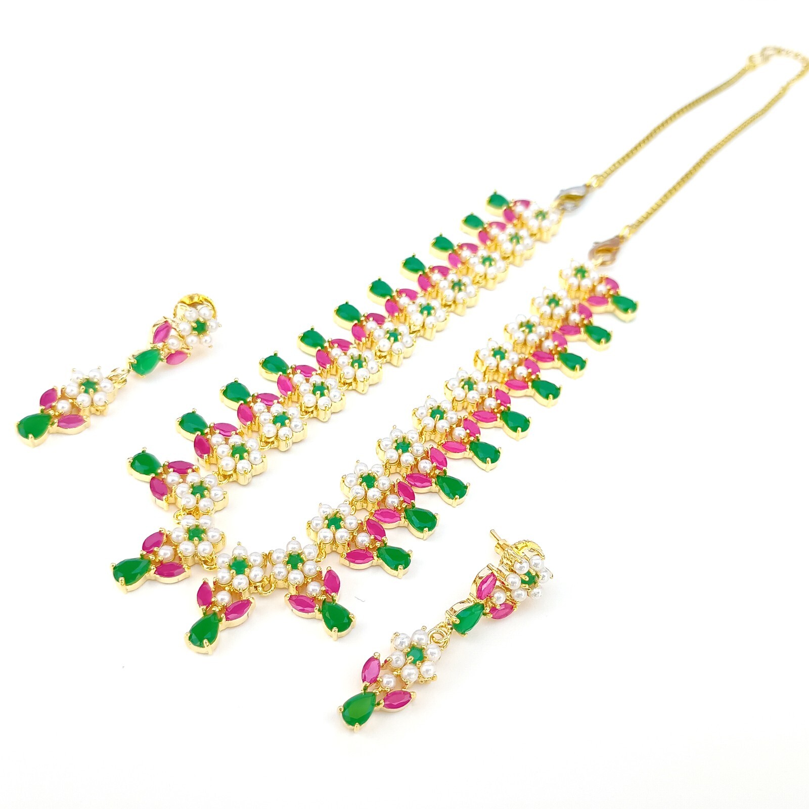 Ruby – Emerald & Pearl Gemstone Necklace , Gold plated Necklace Gift For Her