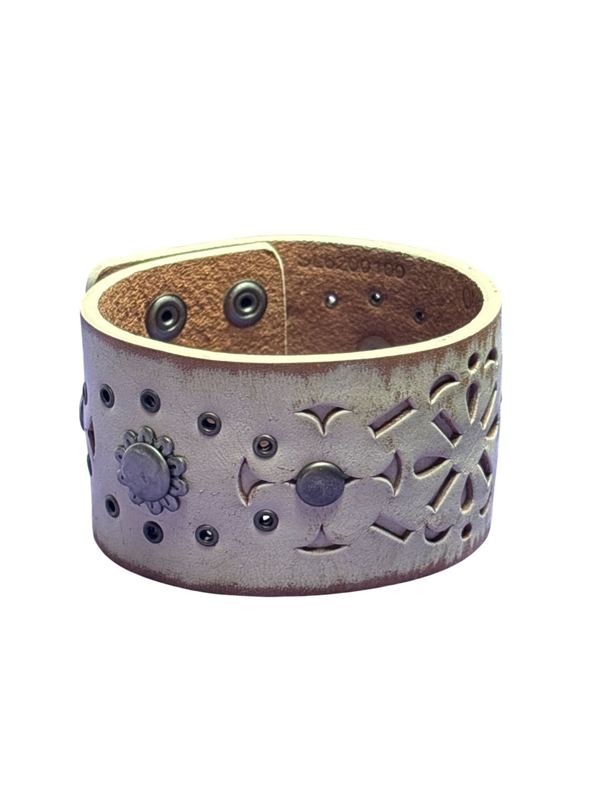 Fossil Genuine Leather Snap Bracelet Beige Tan Distressed Silvertone Studs Sun