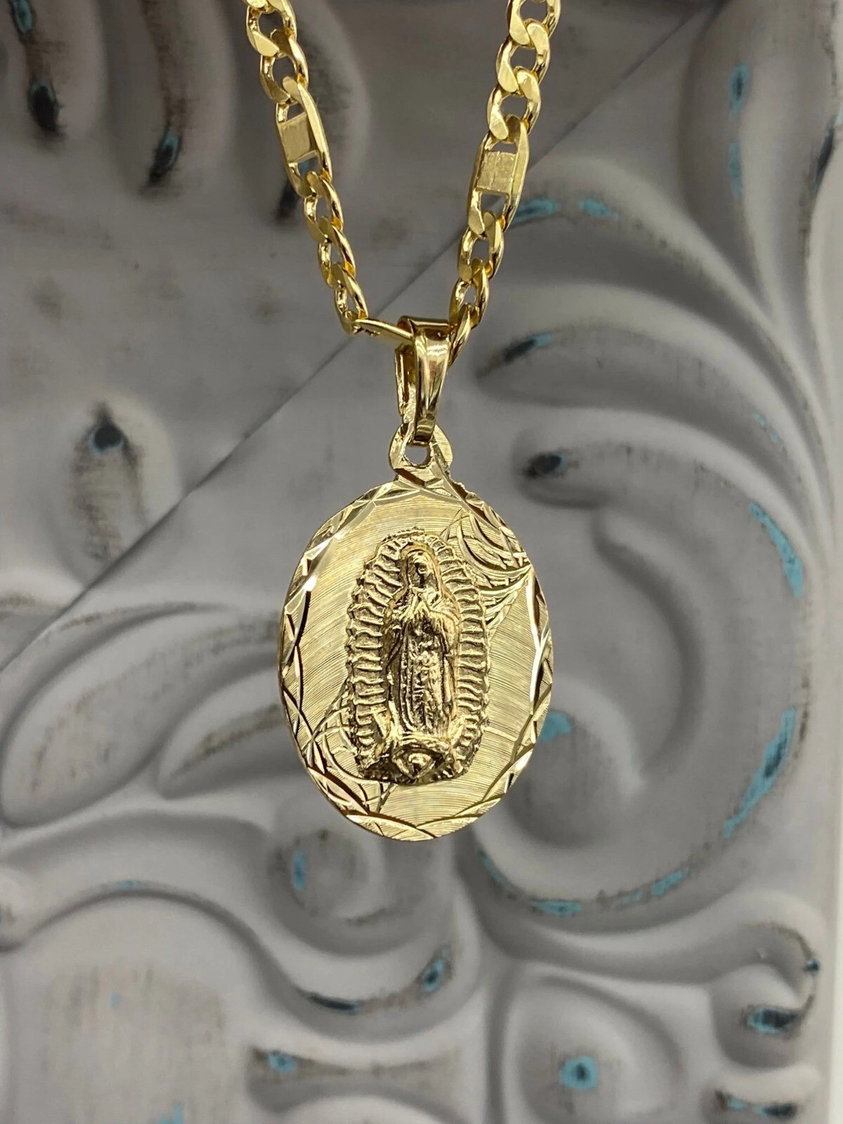 Virgen de Guadalupe Pendant 14K Necklace GF Curb Link Chain Jewelry For Womens