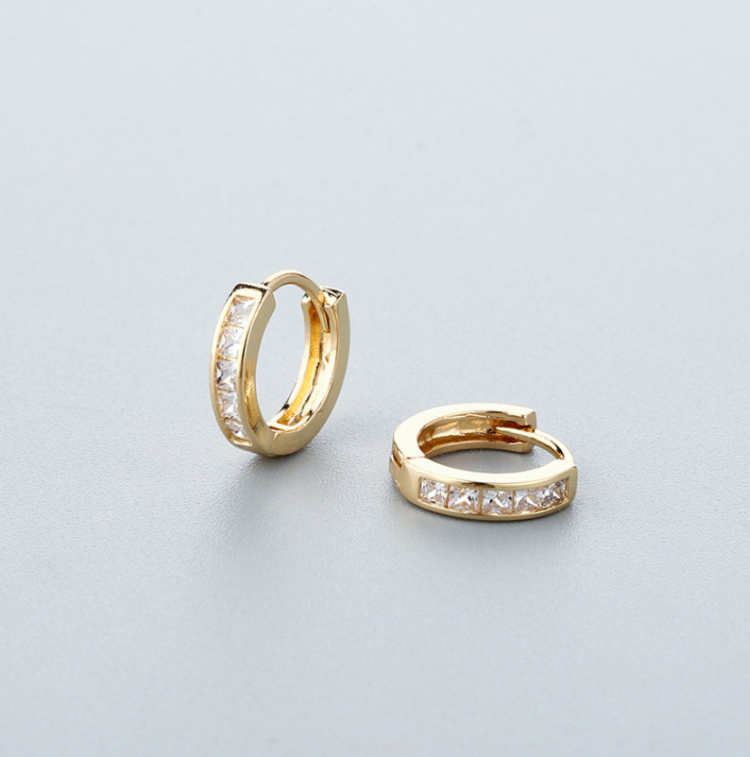 Square CZ Huggie Hoop Earrings 14K Gold Plated Small Hoops 11mm Women Men I36