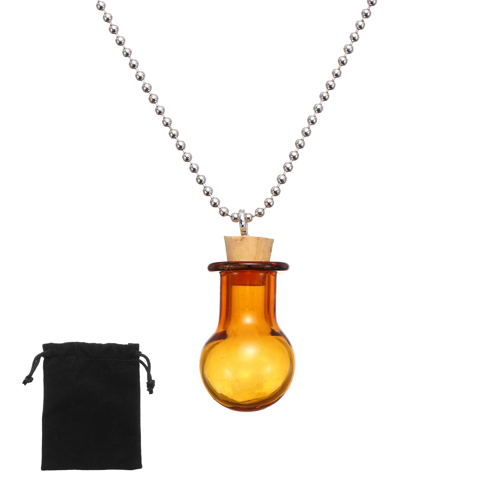 23mm Vial Necklace with Cork Stoppers Black Velvet Bag, Ball Shaped, Champagne