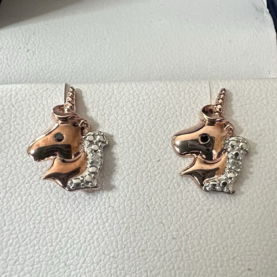 Rose Gold Over 925 silver Unicorn Stud Earrings, Diamond Accents