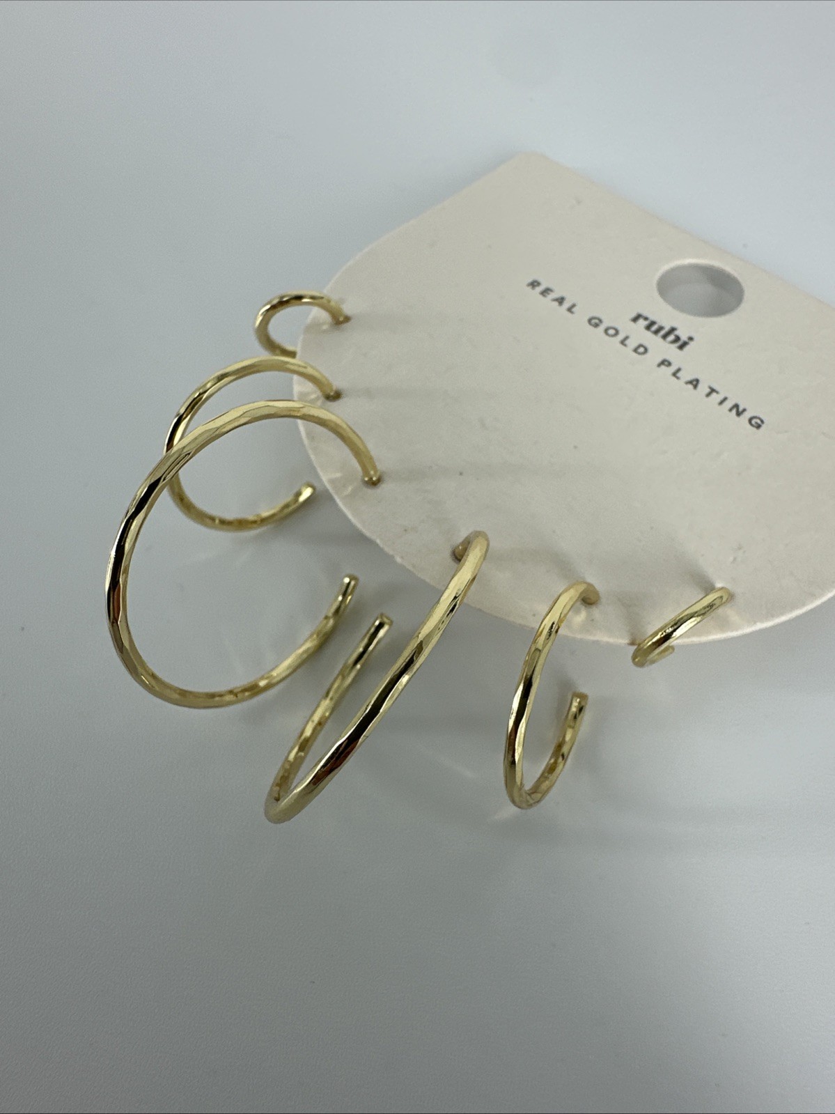 3 PAIRS Cotton On Rubi Mid Earring Real Gold Plated Hammered Metal Skinny Hoop