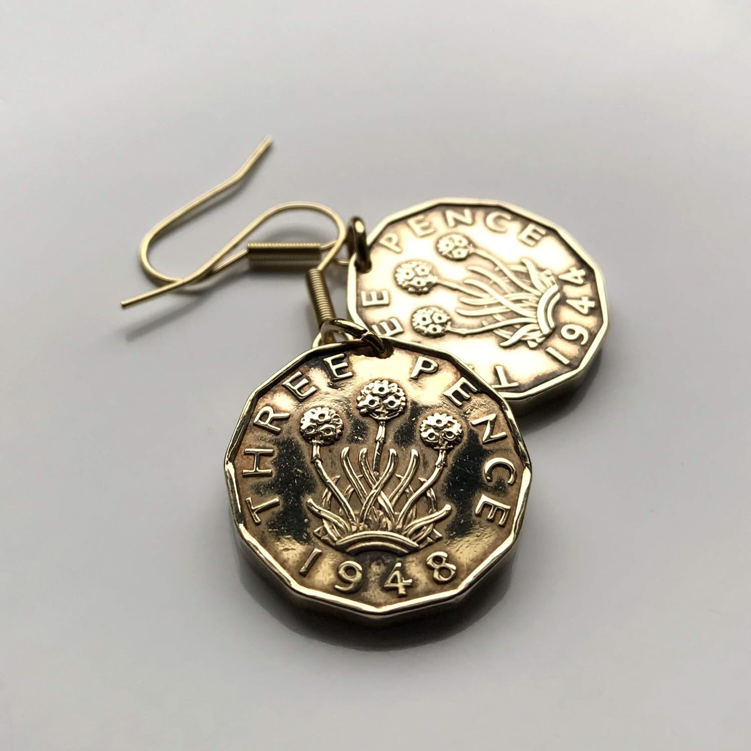 UK Great Britain 3 Pence coin earrings 3 headed thrift plant London Leeds 000074