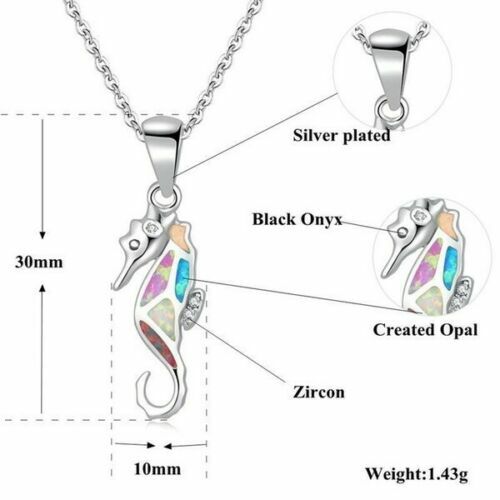 New Silver Multi-Color Simulated Fire Opal Sea Horse Seahorse Pendant Necklace