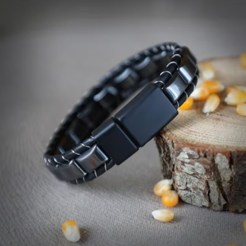 Men’s Hematite Bracelet Magnetic Clasp Natural Gemstone Jewelry for Husband Dad