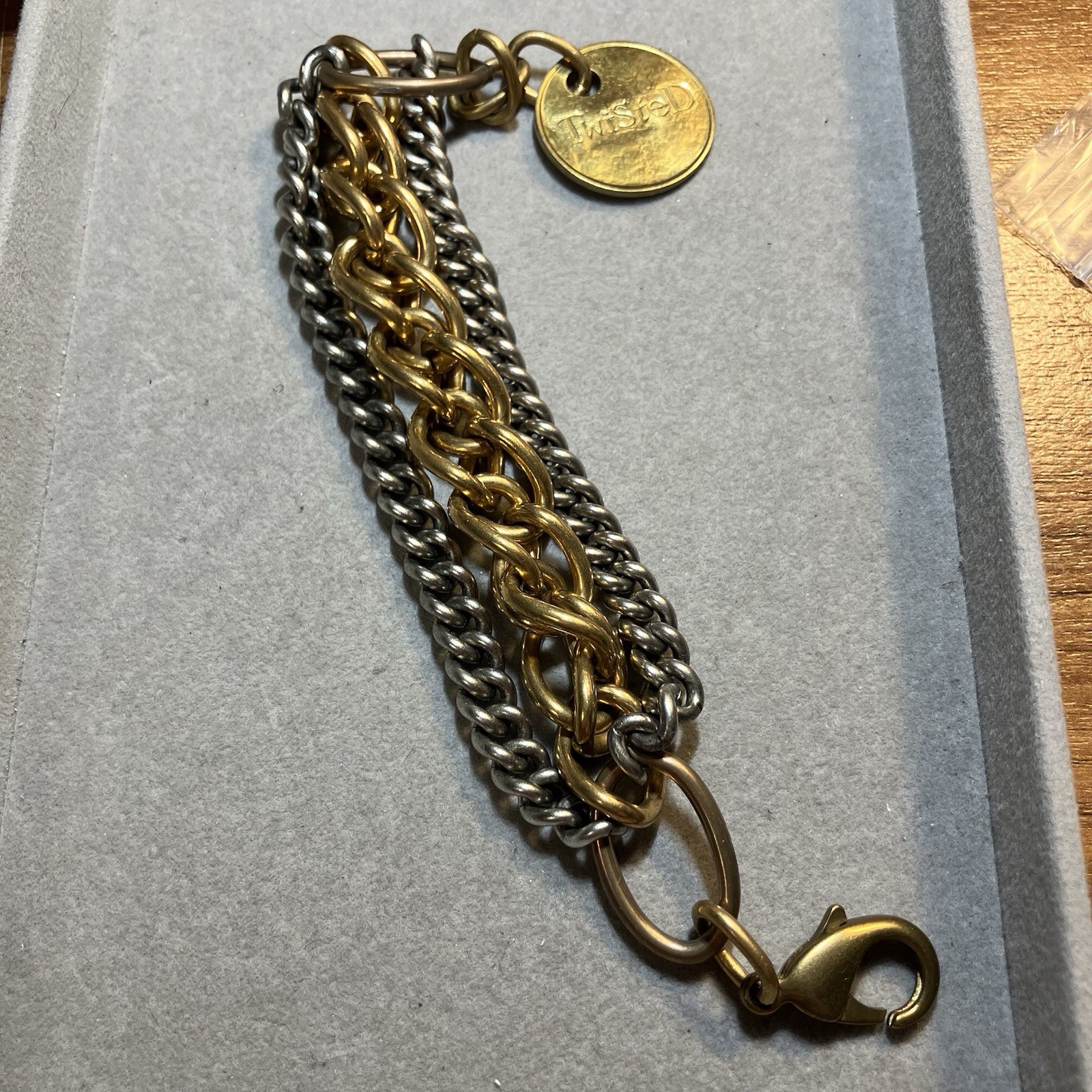 Designer Twisted Silver Signed Distressed Two Tone Triple Chain Bracelet RARE