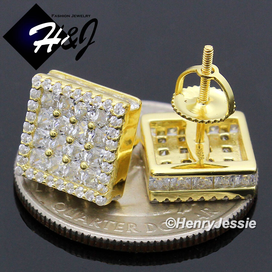 MEN 925 STERLING SILVER ICY CUBIC ZIRCONIA 3D 10MM GOLD PALTED STUD EARRING*G210