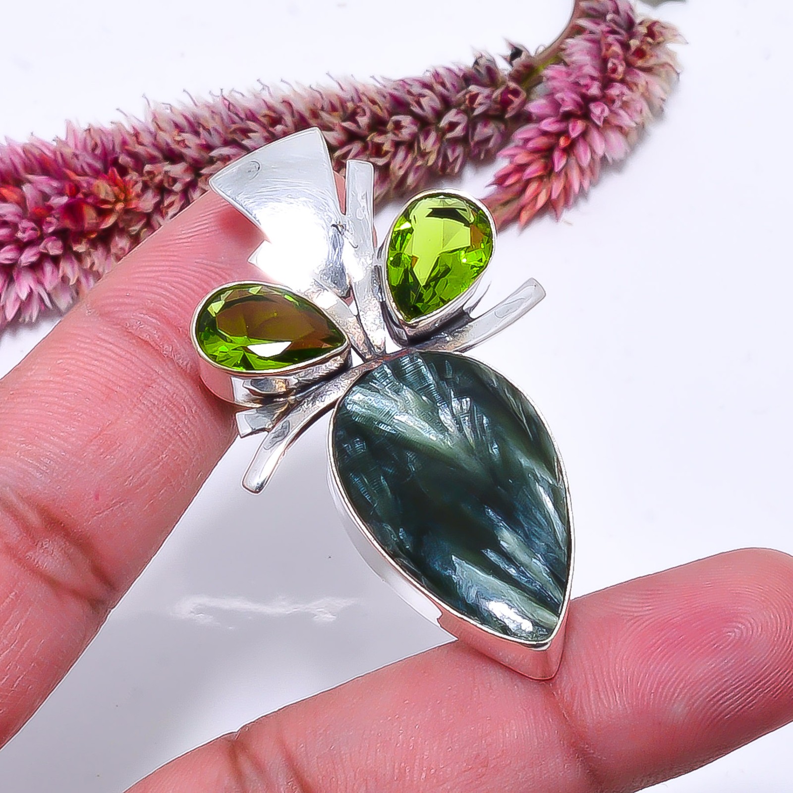 Seraphinite – Russia & Peridot Handmade 925 Sterling Silver Pendant 2.03″ P21