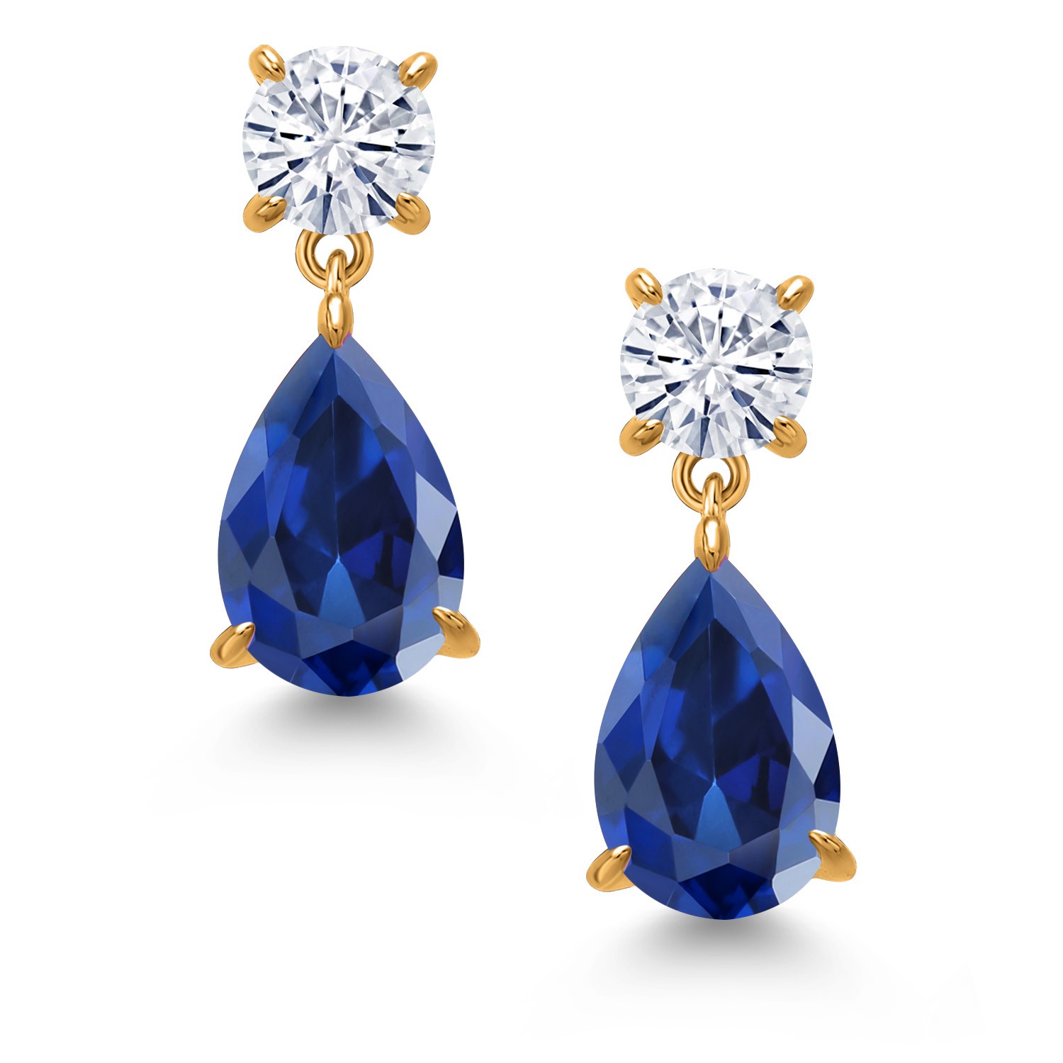 18K Yellow Gold Plated Silver Created Sapphire and White Moissanite Teardrop