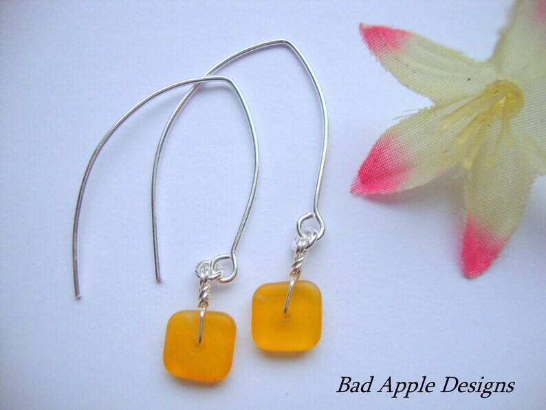 Flat, Forward-Facing, Dainty Frosted Sea Glass Silver Marquise Earrings, Jewelry