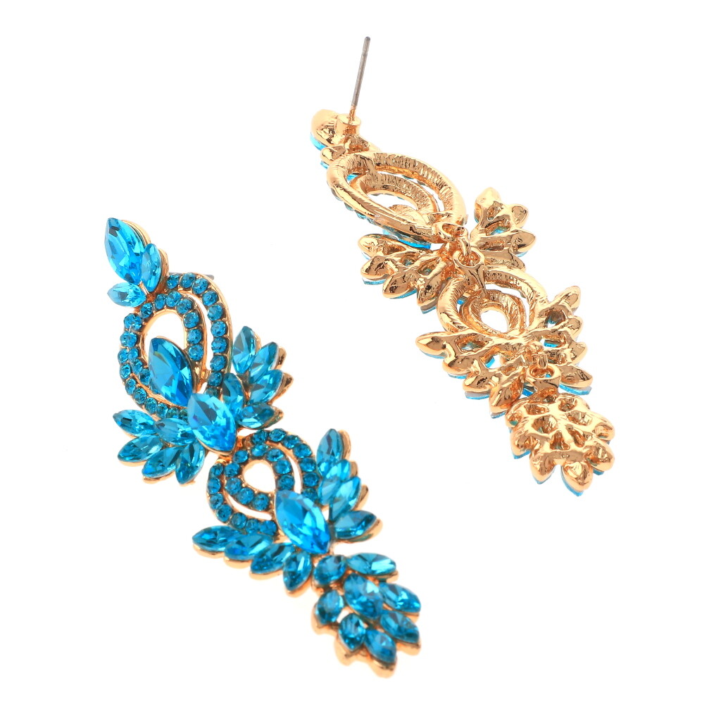 Gold Tone Metal Rhinestone Dangle Post Earrings ER2582-AQU