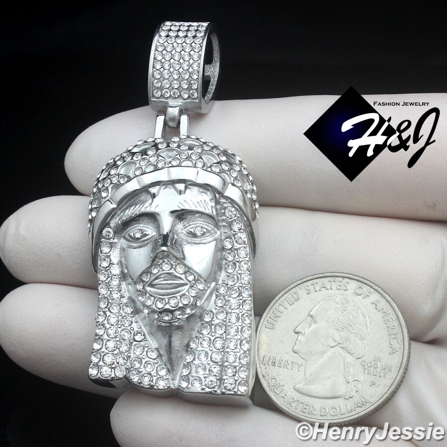 18″-40″MEN Stainless Steel 5mm Silver Box Link Necklace ICY CZ Jesus Pendant*150
