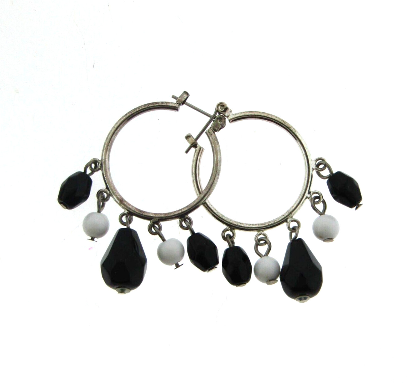 Black Glass Bead Drop Dangle Hoop Earrings 1.75 inch