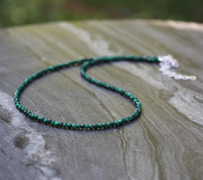 2mm Malachite Choker Natural Green Stone Facted Necklace Healing Reiki Gift