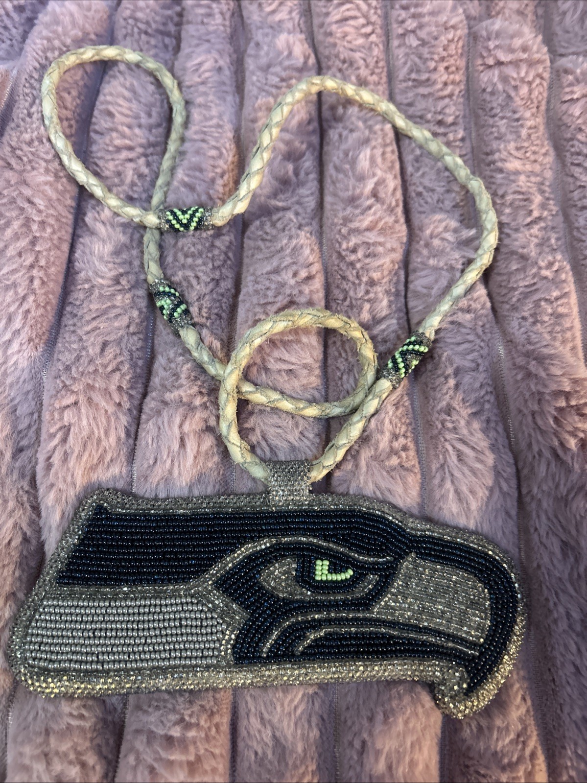 Seahawks Necklace Hand Beaded Medallion Leather Backing
