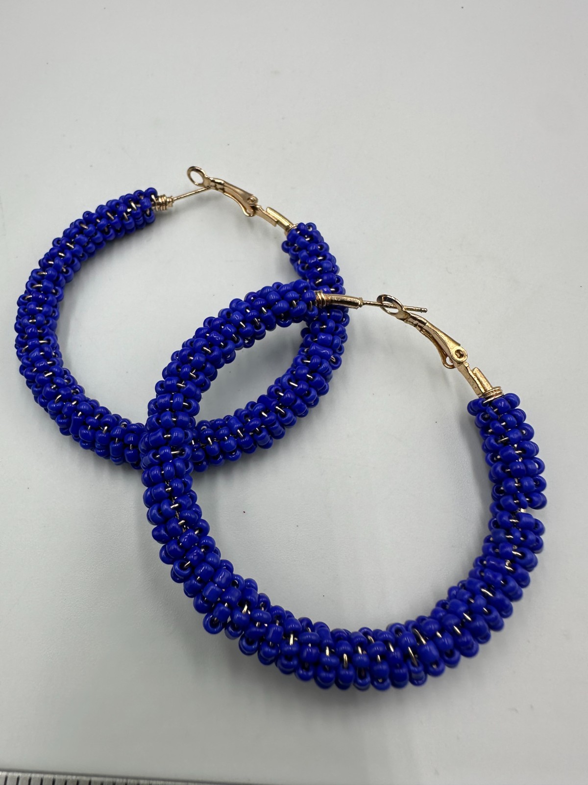 Blue Beaded Hoop Earrings Gold Tone Seed Beads Wire Wrapped Chunky Statement