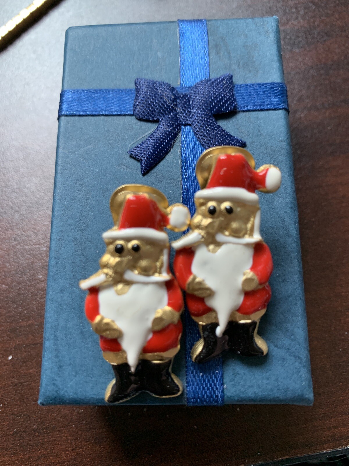 Red White Black & Gold Tone Enamel Santa Claus Enamel Clip On Earrings