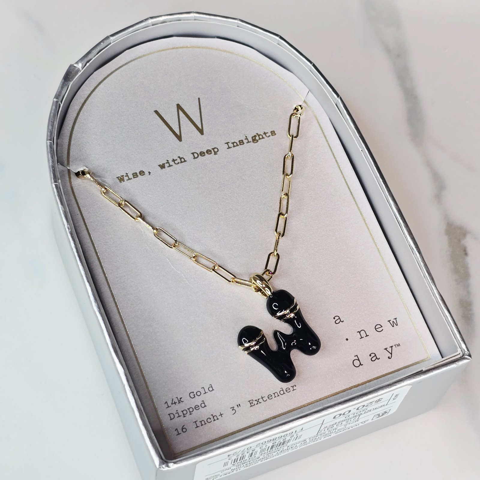 A New Day 14K Gold Dipped Letter “W” Necklace 16-3, CZ, with Extender, Gift Box
