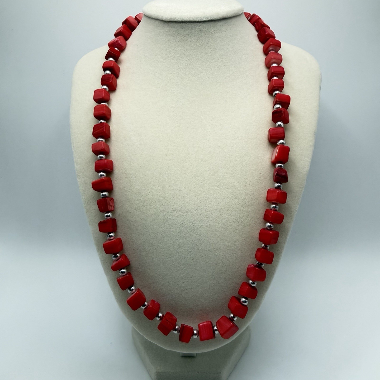 Red Beaded Necklace Silver Tone Spacer Beads Adjustable Barrel Clasp