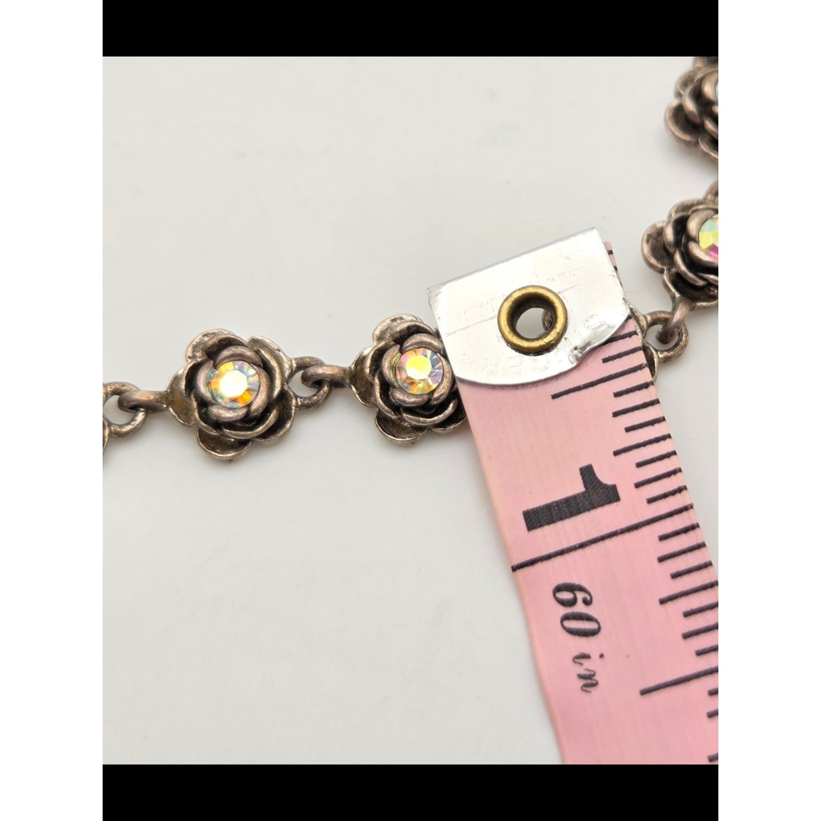 Premier Designs Antiqued Silvertone Rose Link Necklace AB Rhinestones 18″