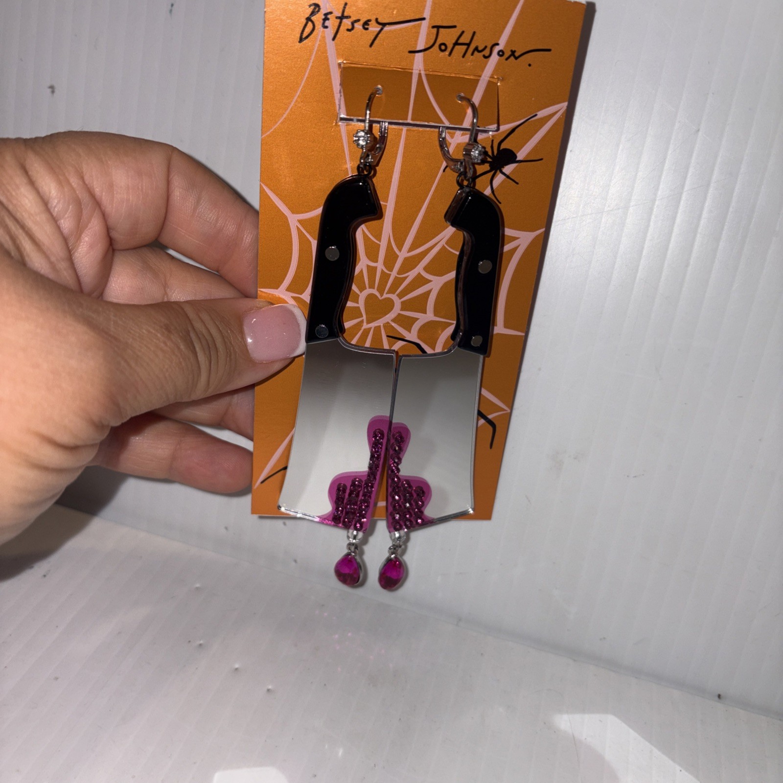 Betsey Johnson Black Handle Cleaver Drop Earrings Crystal Accents For Blood NWT