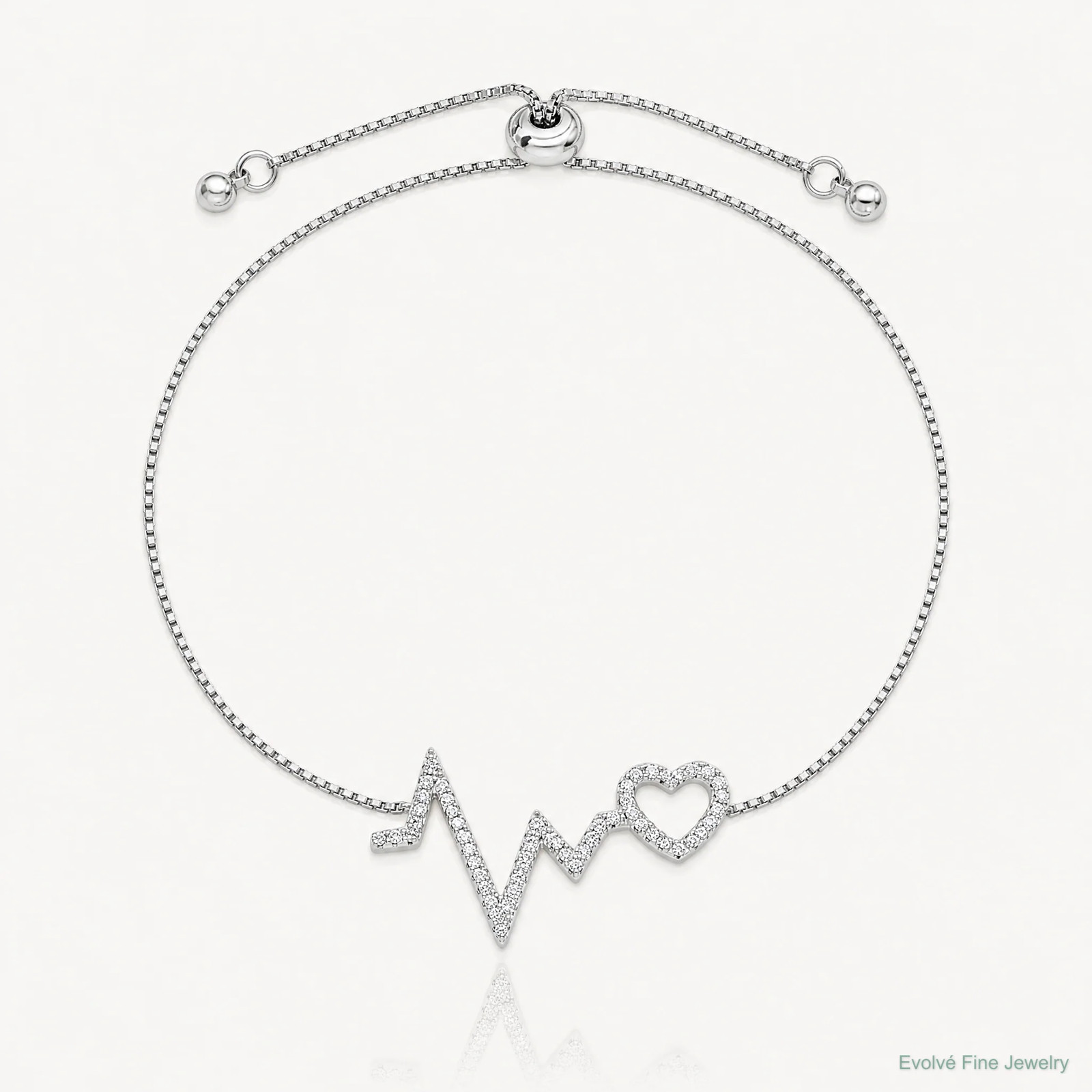 Sterling Silver Polished Rhodium Micro PavÃ© CZ Heartbeat Adj. Bracelet