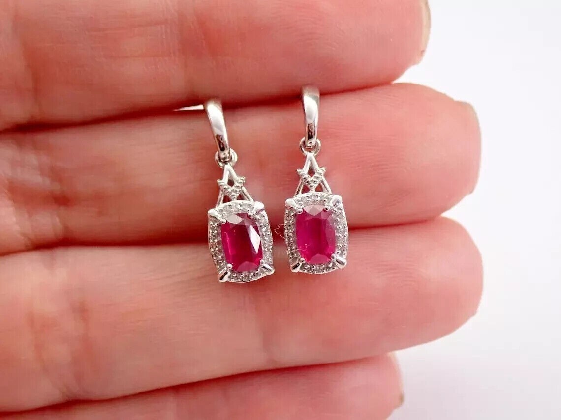 Cushion Cut Simulated Pink Ruby Women’s Drop Earrings In 14k White Gold Plated
