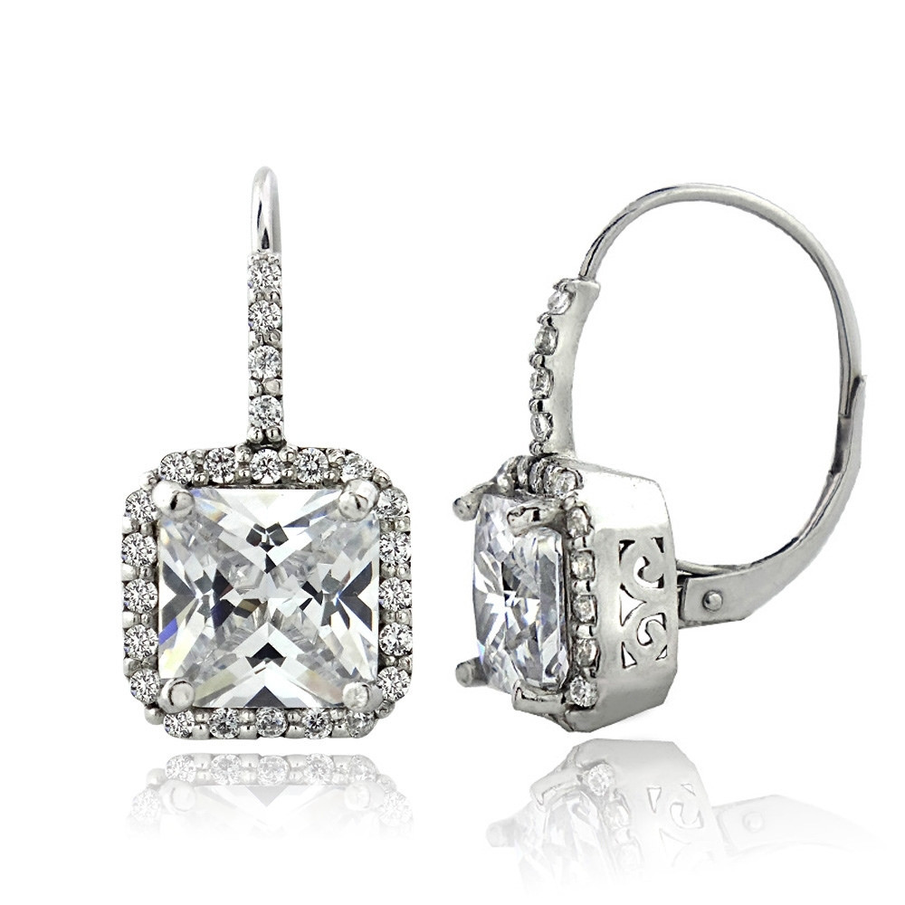 6.5ct CZ Square Halo Leverback Earrings Fine Silver Plated