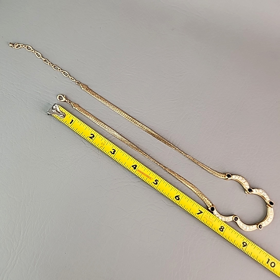 Rhinestone Chain Necklace Scalloped Clear Glass Gold Tone Herringbone 21″
