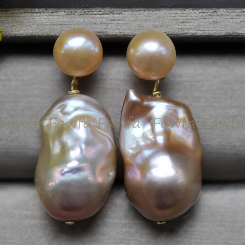 Genuine Natural Pink Freshwater Keshi Baroque Double Pearl Dangle Stud Earrings