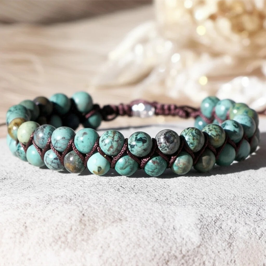 African Turquoise Round Bead Handmade Braided Healing Women Men Bracelet Gift