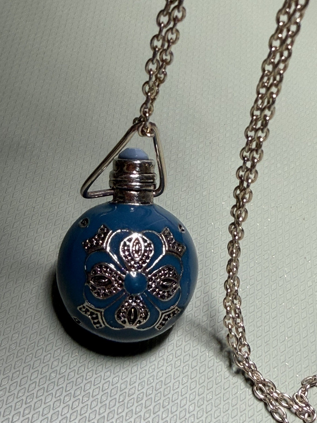 Blue Enamel Perfume Bottle Shaped Pendant Necklace Vintage Silver Filigree