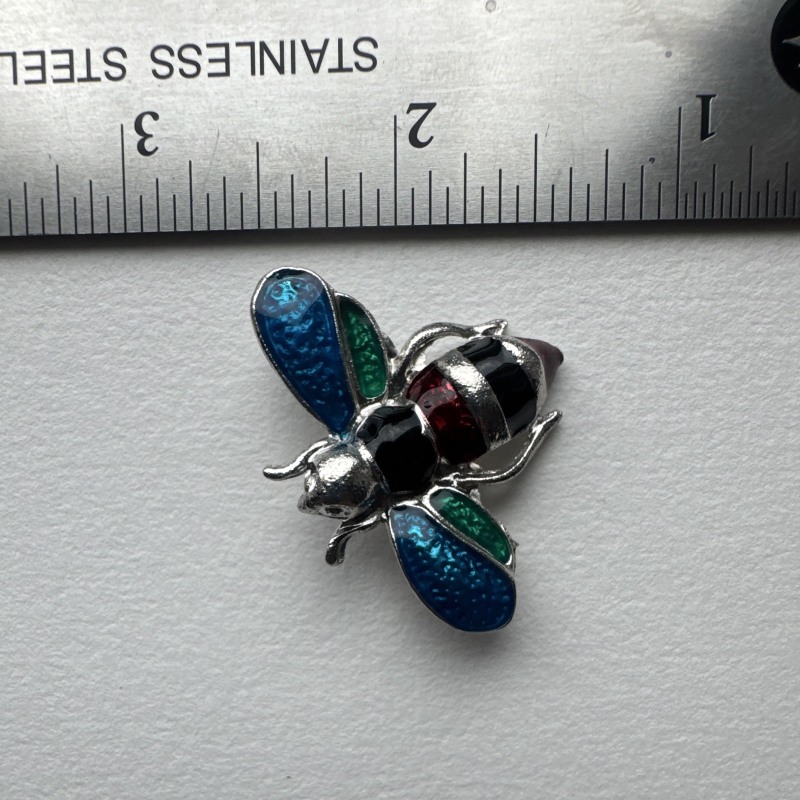 Silver Tone Enamel Bee Brooch Pin Blue Green Red Black Wings 1.5 in