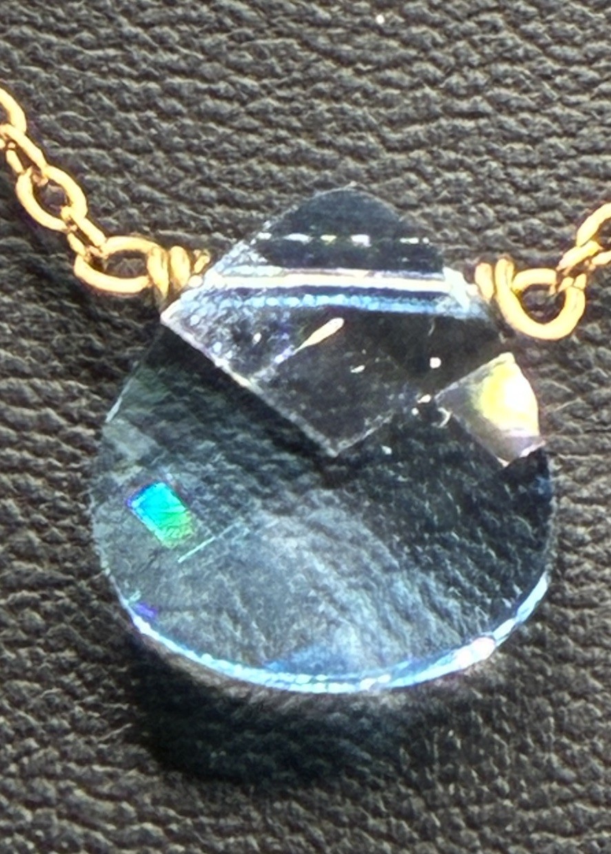 Touchstone Light Sapphire, Briolette, Swarovski Crystal Gold Tone Necklace