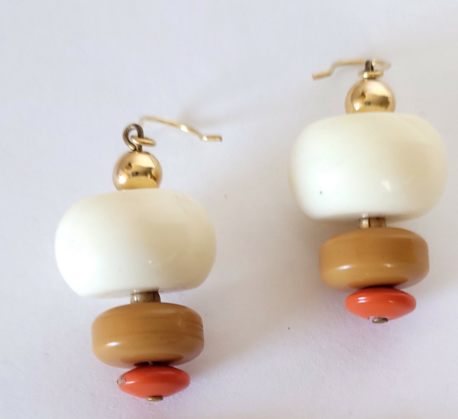 Vintage Gold Tone Neutral Colors Round Acrylic Bead Layered Dangle Earrings Hook