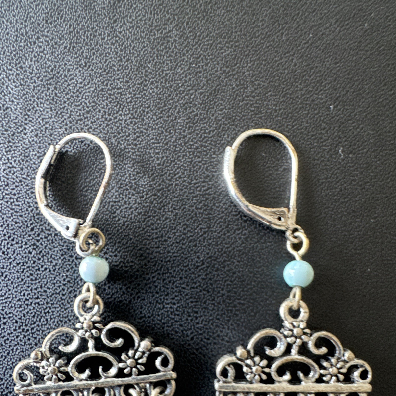 Silver Tone Chandelier Dangle Leverback Earrings Blue and cream colored Beads