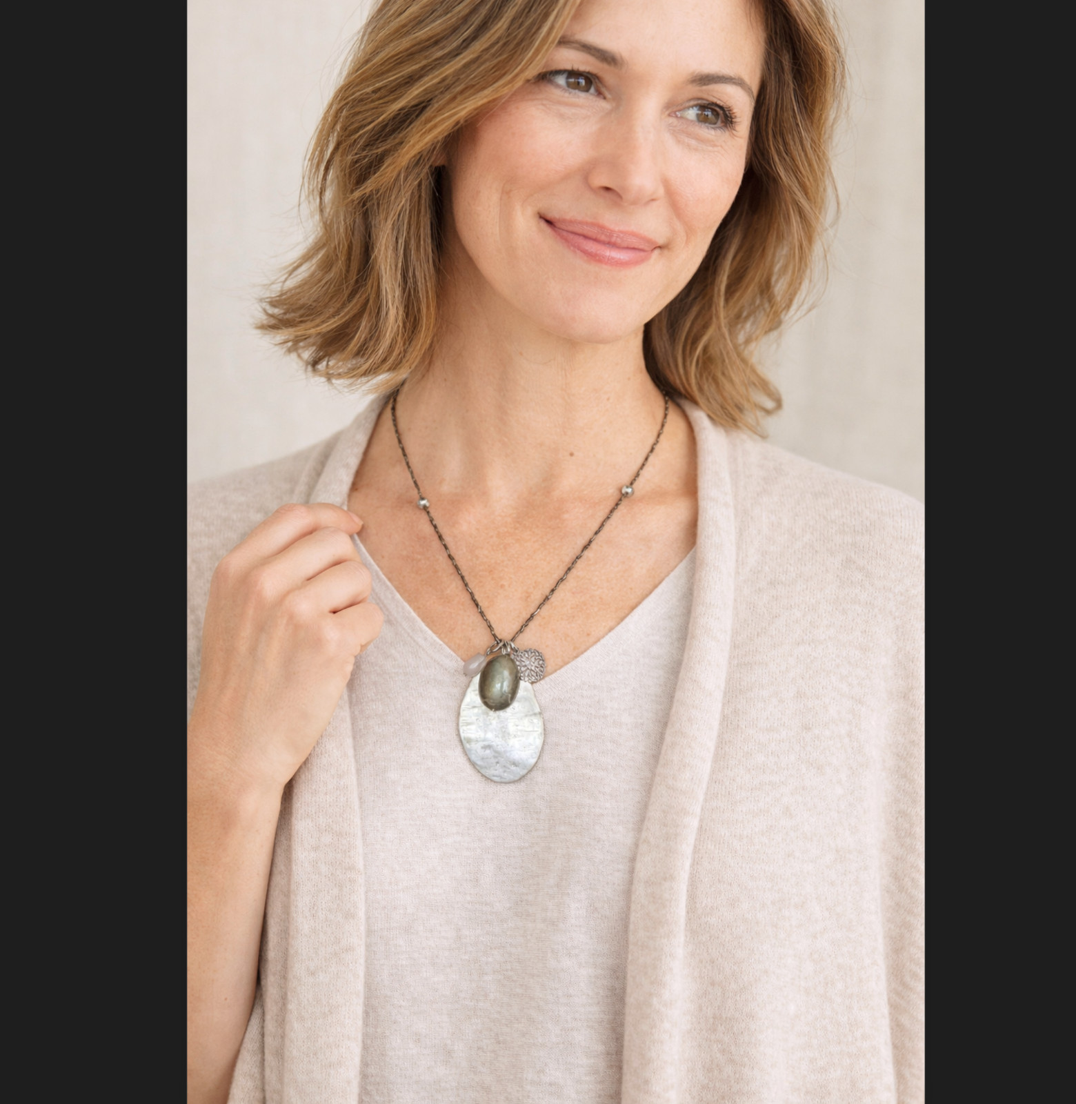 J Jill Necklace Silver Tone Charm Pendant Beaded Chain 16″ Boho Artisan Coastal
