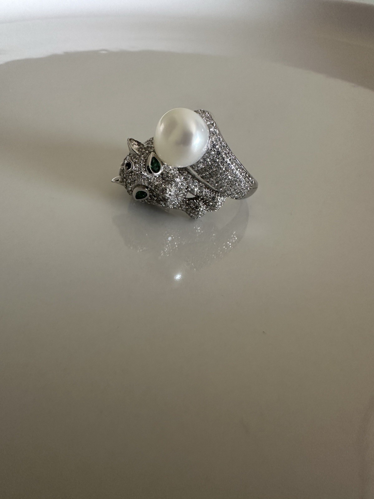 Ring 925 Silver Panther Head, Green Eye Cubic Zirconia With Pearl 7_8 Size
