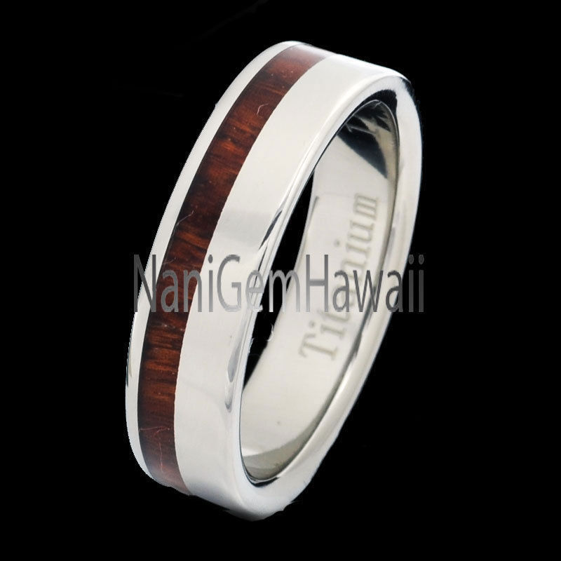 Titanium Dark Koa Wood 2 Tones Double Row 6mm Band Ring Flat Edge