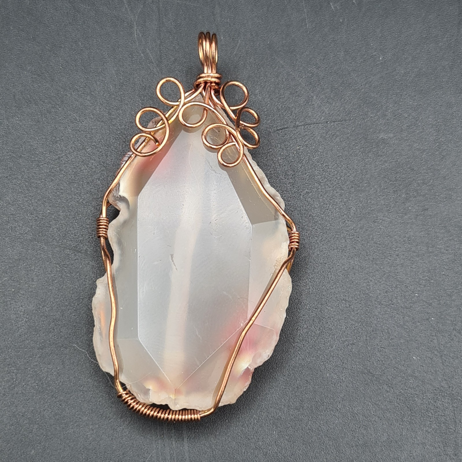 Artisan Pendant copper wire wrapped Agate or Chalcedony Freeform loops Boho H6cm
