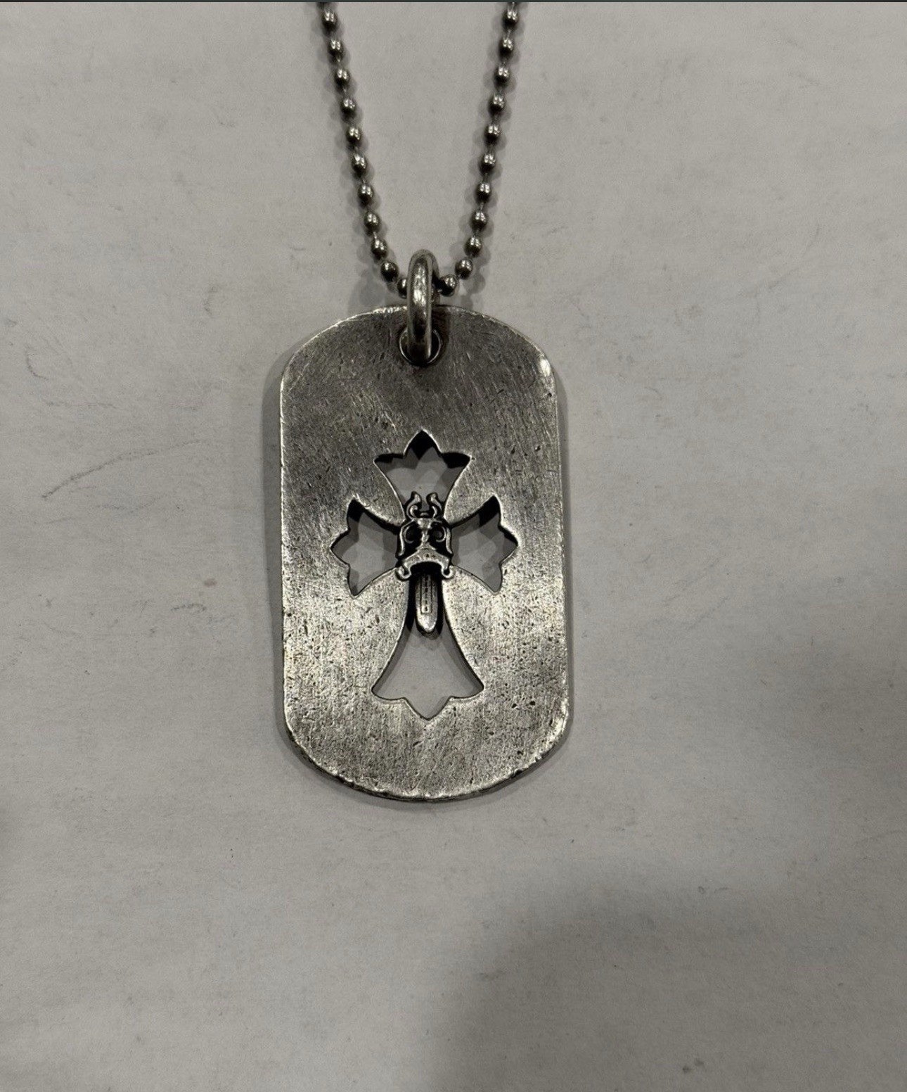 Chrome Hearts Signed Engraved Cross Dog Tag Pendant Silver Ball Chain Necklace